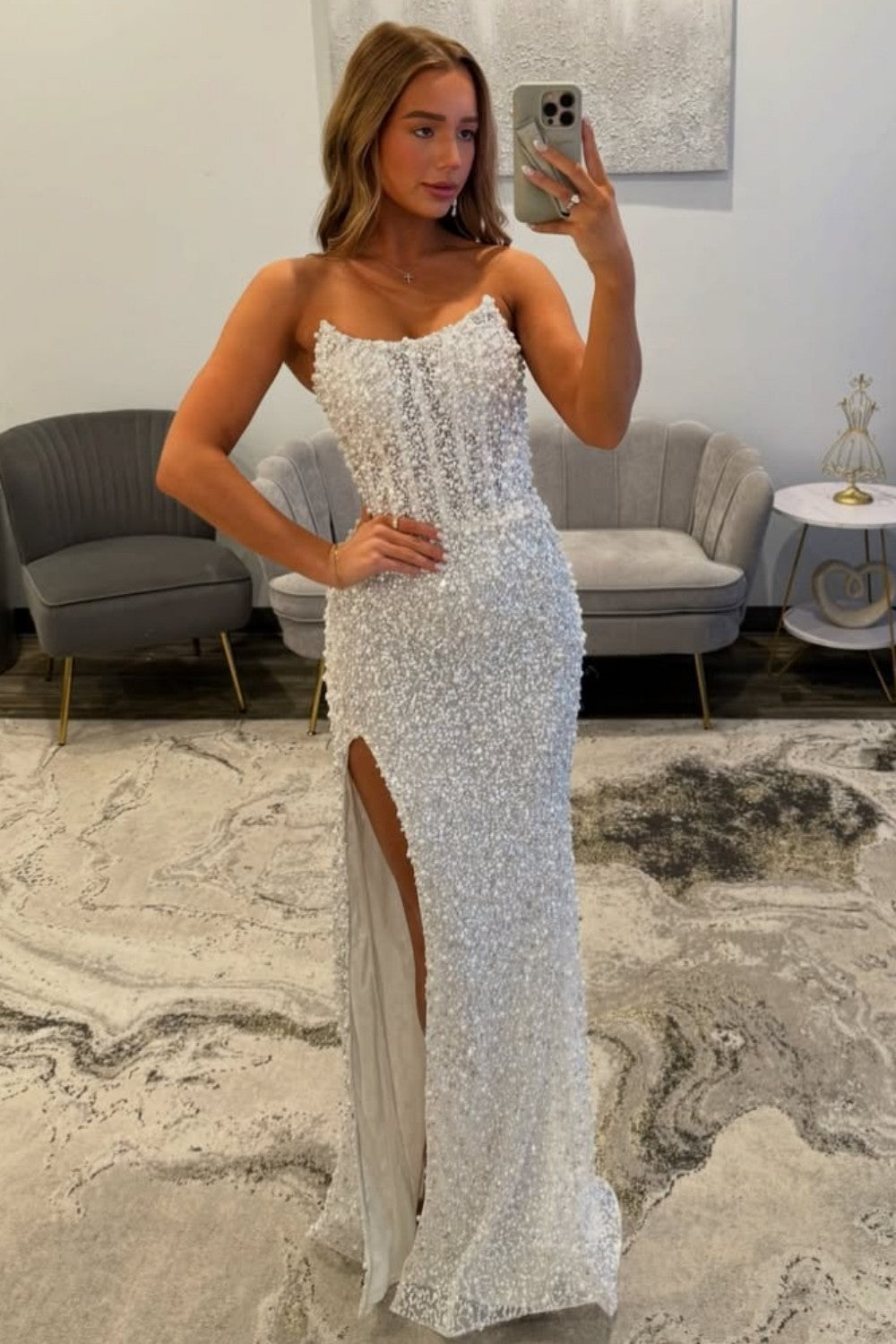 White Pearls Strapless Mermaid Prom Dress With Slit Formal Evening Gown