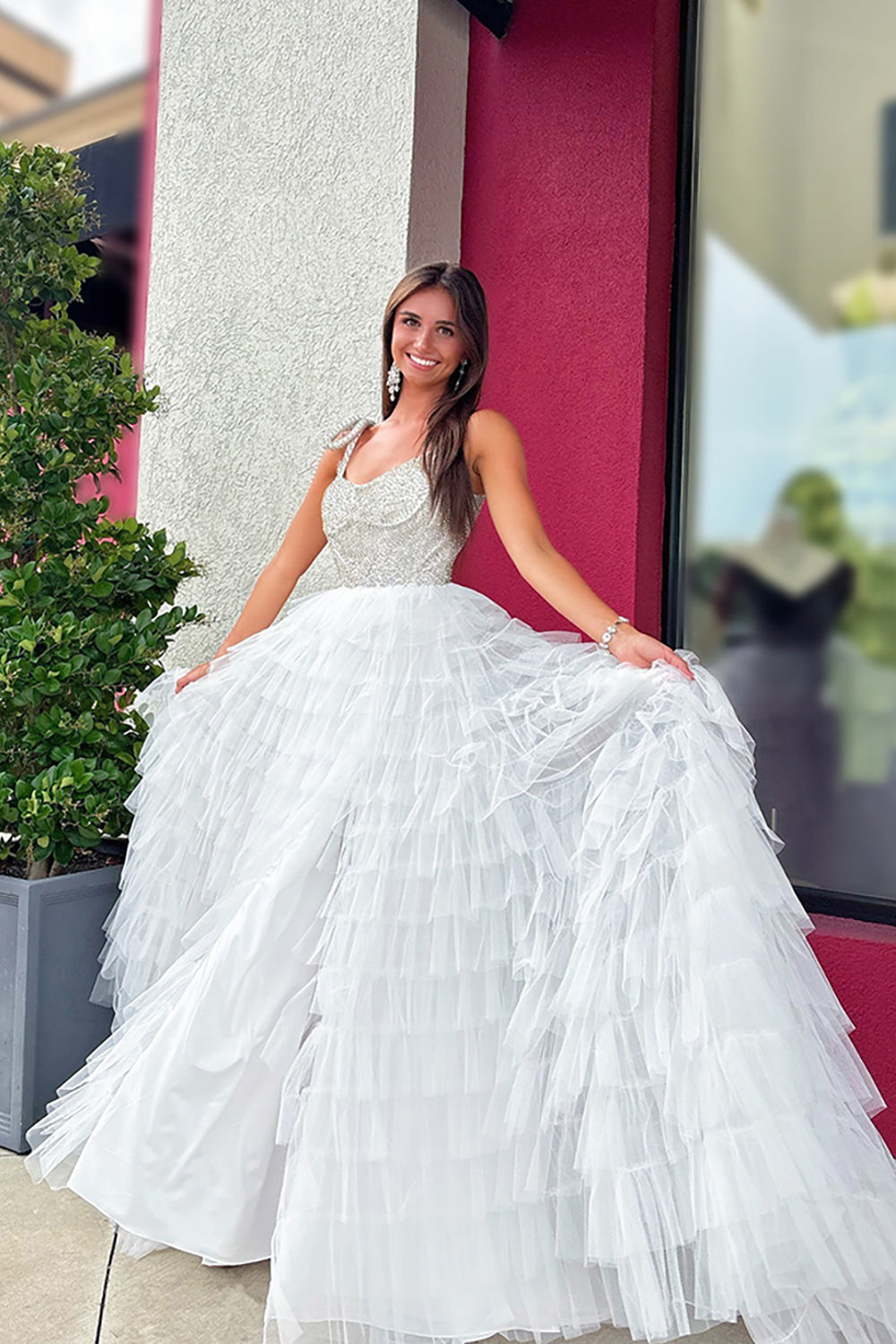 White Prom Dress A Line Ruffled Tiered Beaded Long Pageant Dress With Slit