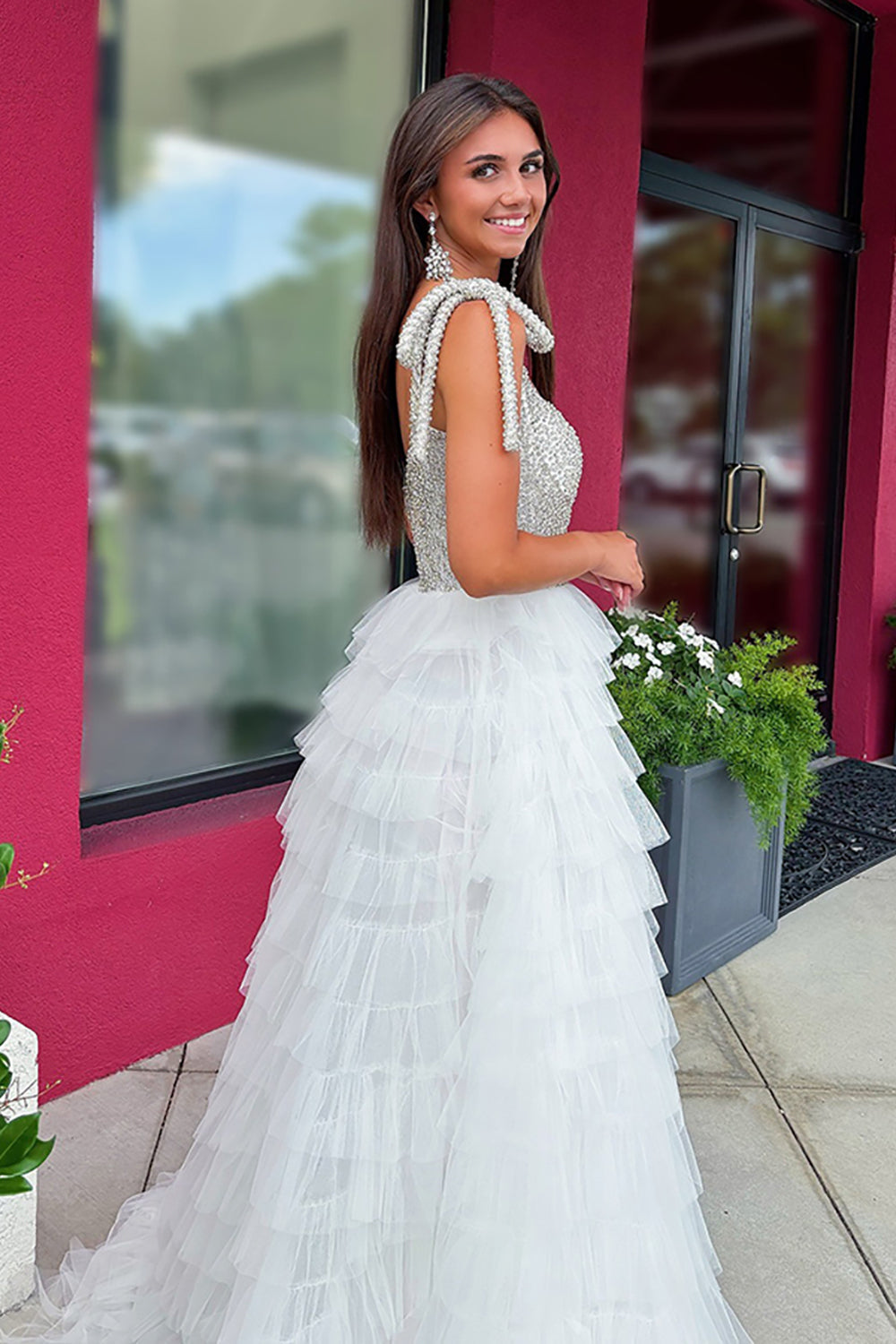 White Prom Dress A Line Ruffled Tiered Beaded Long Pageant Dress With Slit