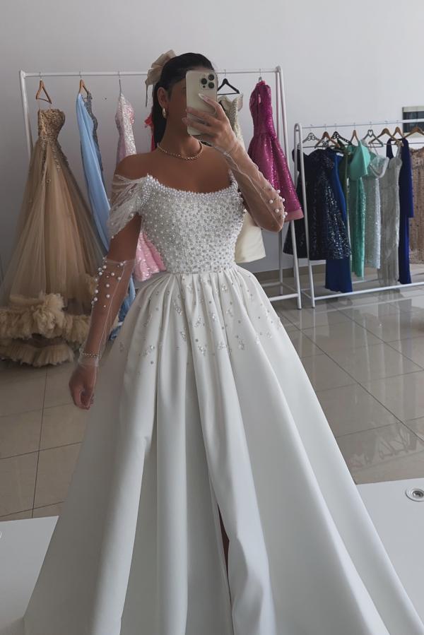 White Prom Dress A Line Strapless Off The Shoulder Sleeveless Beaded Satin Formal Dress With Pearls