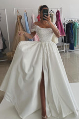 White Prom Dress A Line Strapless Off The Shoulder Sleeveless Beaded Satin Formal Dress With Pearls