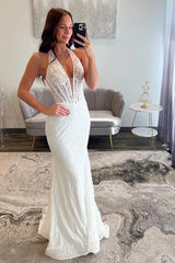 White Prom Dress Lace Mermaid Deep V-Neck Halter Corset Long Formal Dress