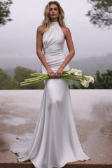 White Satin Mermaid Wedding Dress with Halter Neck and Open Back