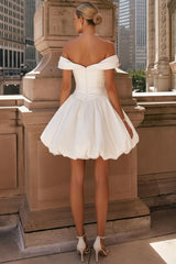 White Satin Short A Line Wedding Dress with Off Shoulder Neckline and Bubble Hem