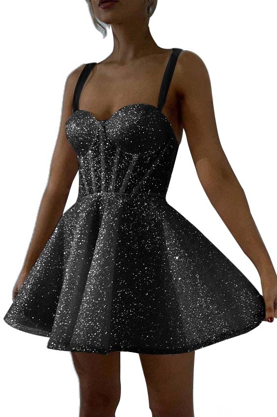 White Sequined Graduation Dress Spaghetti Straps Sleeveless A Line Short Cocktail Dress