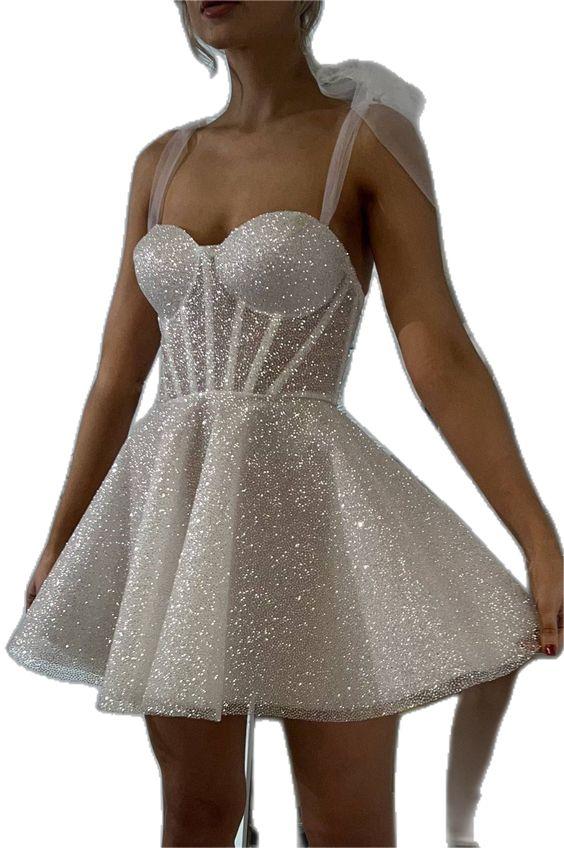 White Sequined Graduation Dress Spaghetti Straps Sleeveless A Line Short Cocktail Dress