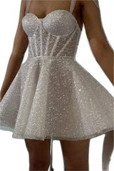 White Sequined Graduation Dress Spaghetti Straps Sleeveless A Line Short Cocktail Dress