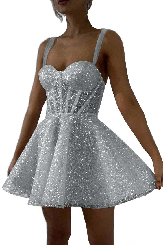 White Sequined Graduation Dress Spaghetti Straps Sleeveless A Line Short Cocktail Dress