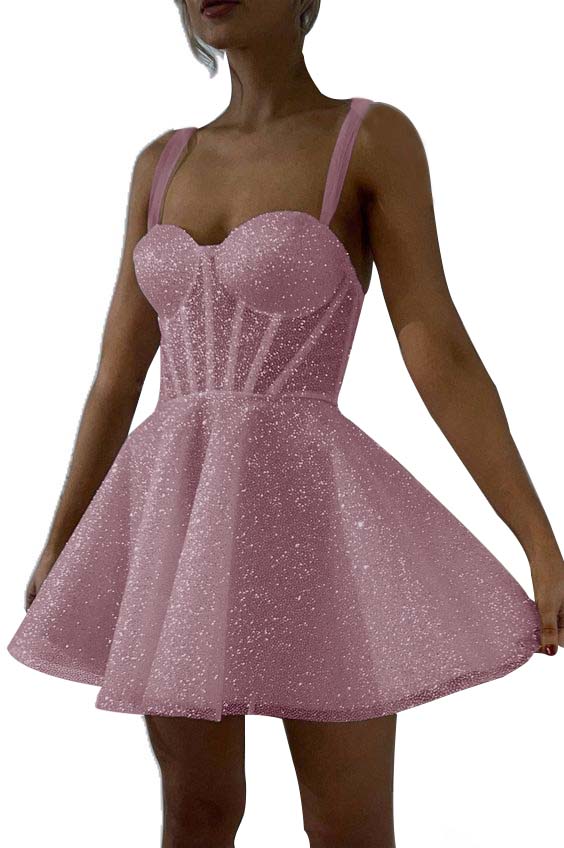 White Sequined Graduation Dress Spaghetti Straps Sleeveless A Line Short Cocktail Dress