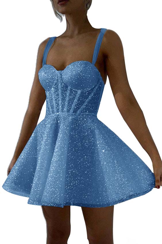 White Sequined Graduation Dress Spaghetti Straps Sleeveless A Line Short Cocktail Dress