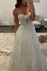 White Sequins Prom Dress Sweetheart A Line Corset Long Formal Dress With 3D Flower