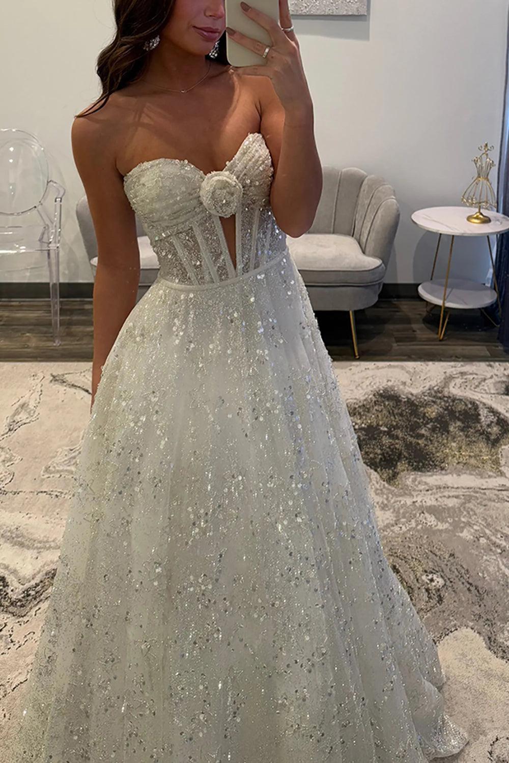 White Sequins Prom Dress Sweetheart A Line Corset Long Formal Dress With 3D Flower