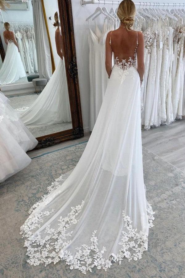 White Spaghetti Straps Beach Wedding Dress Chiffon Lace Bridal Dress with Sweep Train