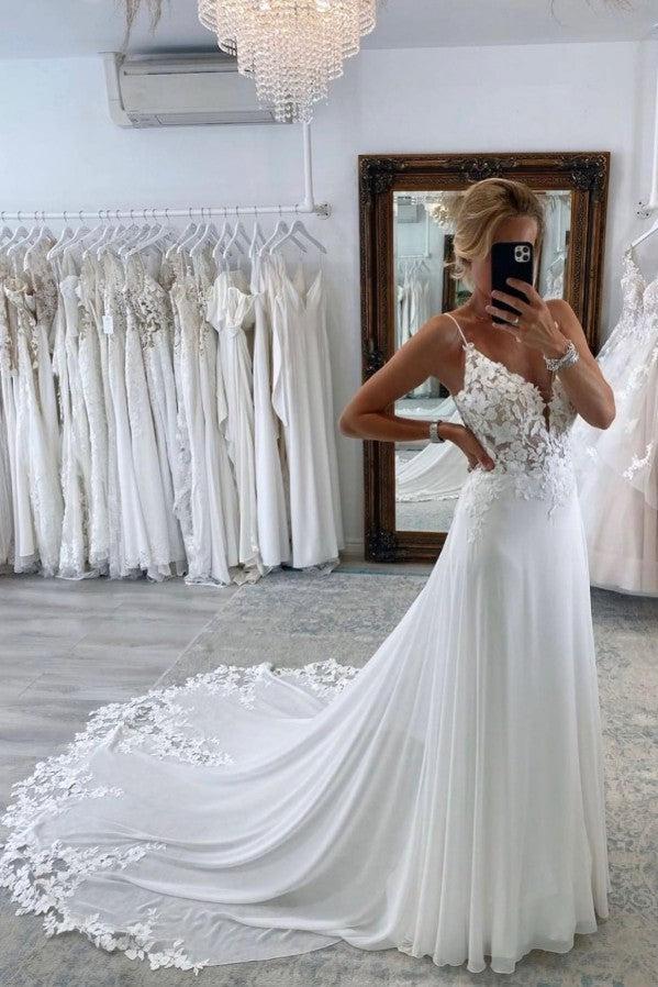 White Spaghetti Straps Beach Wedding Dress Chiffon Lace Bridal Dress with Sweep Train