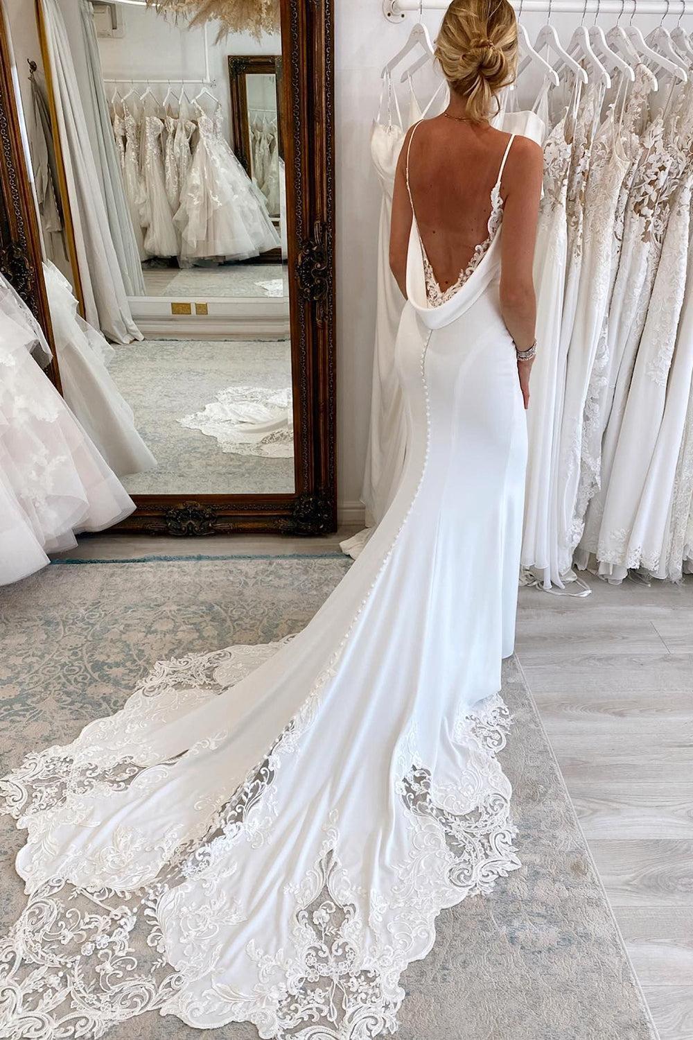 White Spaghetti Straps Long Mermaid Boho Beach Wedding Dress with Lace Details