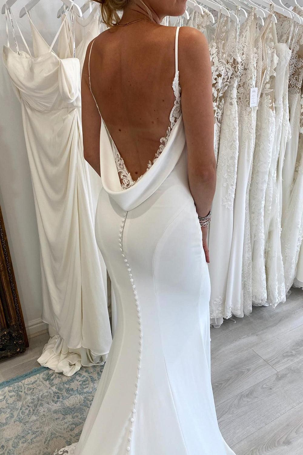 White Spaghetti Straps Long Mermaid Boho Beach Wedding Dress with Lace Details