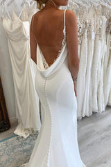 White Spaghetti Straps Long Mermaid Boho Beach Wedding Dress with Lace Details