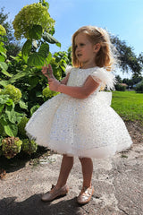 Sparkly Crew Neck Ball Gown Flower Girl Dress with Feathers