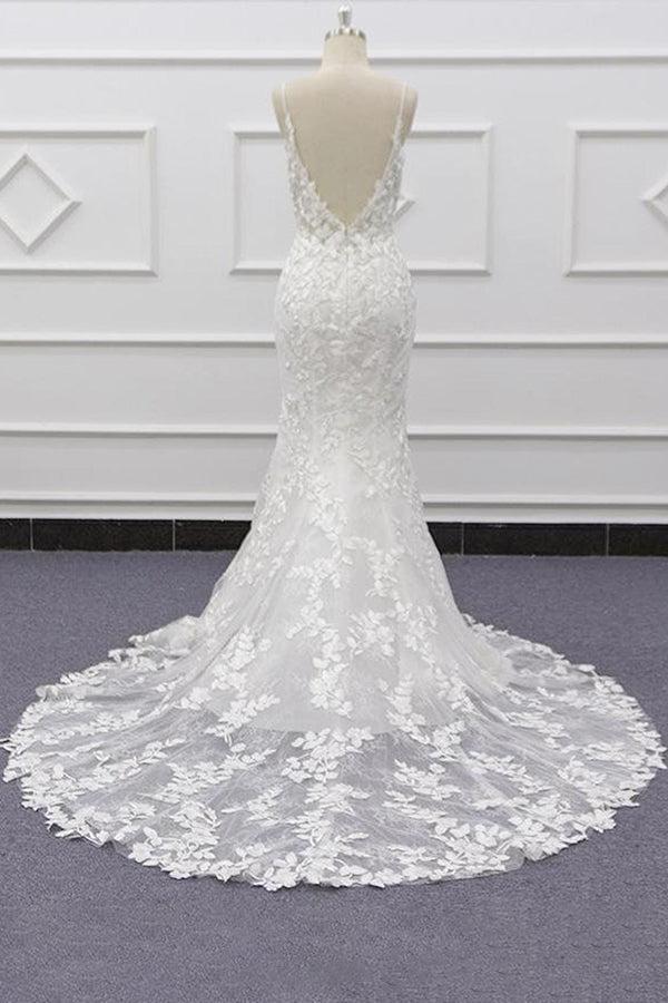 White Tulle Beach Wedding Dress Lace Appliques Spaghetti Straps Mermaid Bridal Dress
