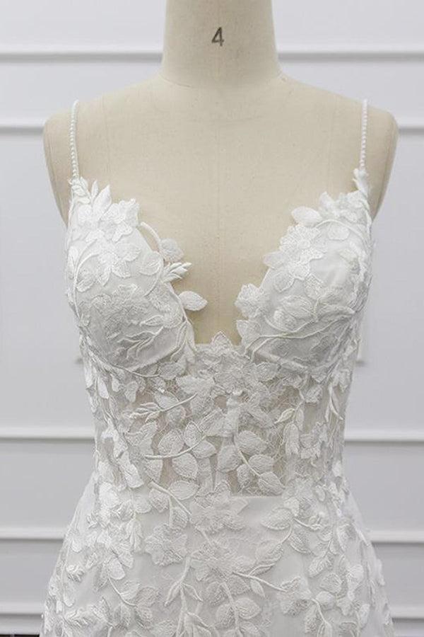 White Tulle Beach Wedding Dress Lace Appliques Spaghetti Straps Mermaid Bridal Dress