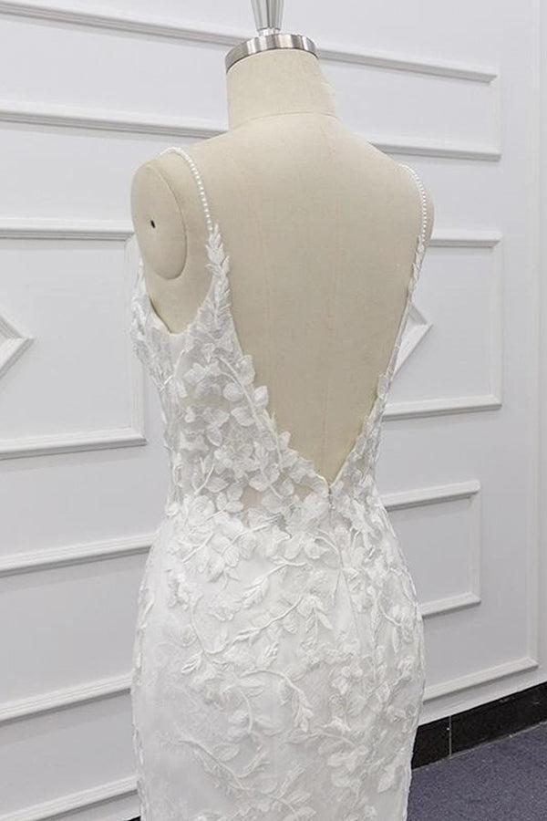 White Tulle Beach Wedding Dress Lace Appliques Spaghetti Straps Mermaid Bridal Dress