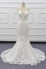 White Tulle Beach Wedding Dress Lace Appliques Spaghetti Straps Mermaid Bridal Dress