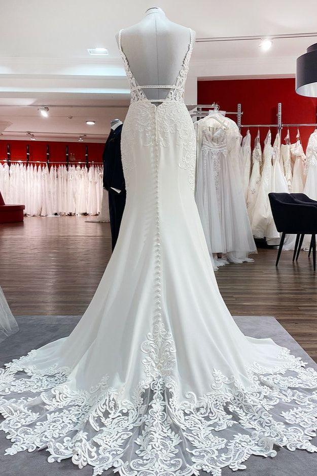 White Tulle Lace Appliques Beach Wedding Dress Mermaid Bridal Dress with Sweep Train