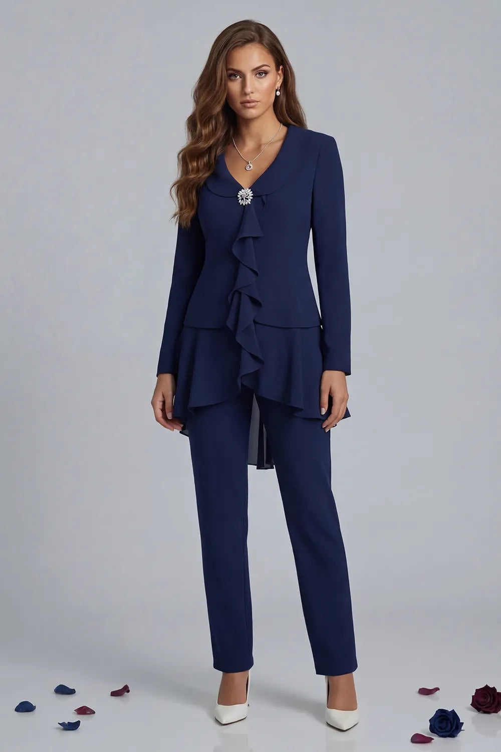 Dreamyannie Navy V Neck Ruffled Chiffon 2 Piece Mother Of The Bride Pant Suits With Sleeves