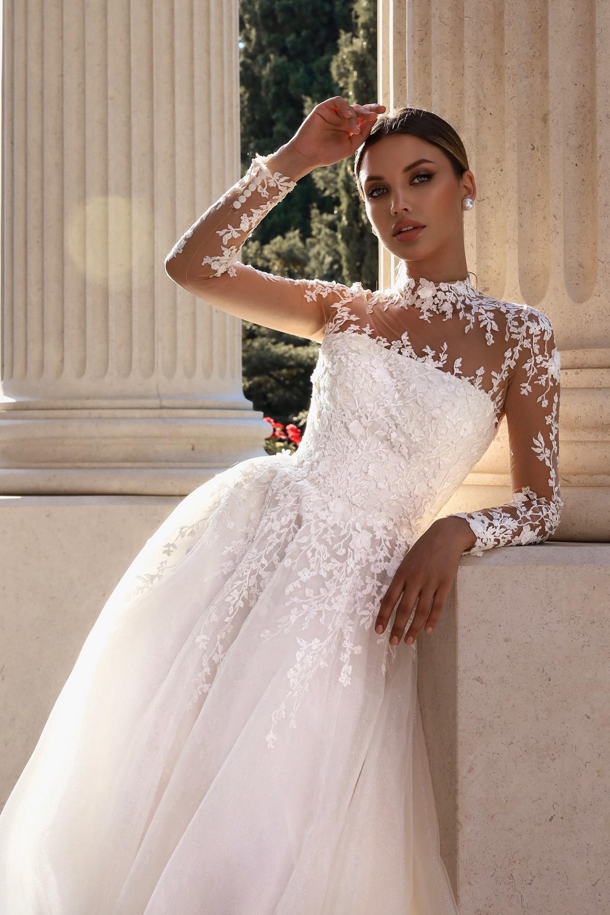 White Wedding Dress A Line Lace High Neck Tulle Bridal Gown With Appliques