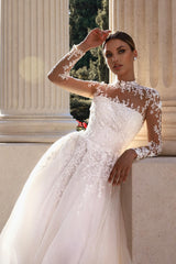 White Wedding Dress A Line Lace High Neck Tulle Bridal Gown With Appliques