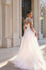 White Wedding Dress A Line Lace High Neck Tulle Bridal Gown With Appliques