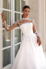 White Wedding Dress A Line Lace High Neck Tulle Bridal Gown With Appliques