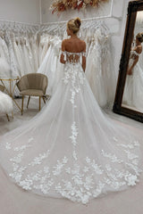 White Wedding Dress A Line Lace Off The Shoulder Sleeveless Cathedral Train Tulle Bridal Gown With Appliques