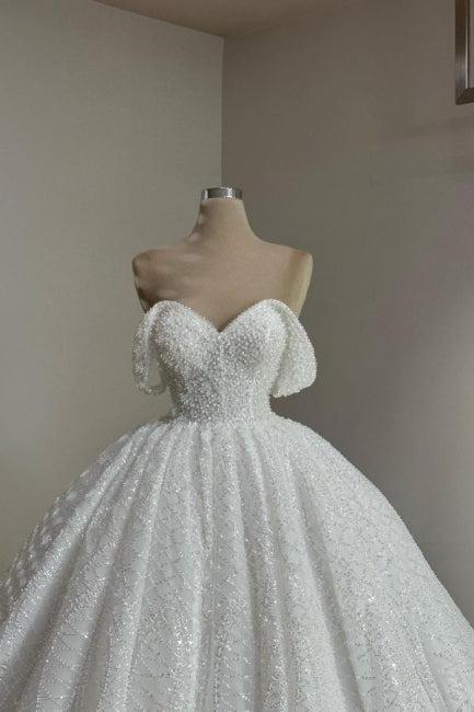White Wedding Dress A Line Off The Shoulder Lace Bridal Gown With Pearls