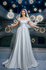 White Wedding Dress A Line Off The Shoulder Sleeveless Beaded Ruffle Satin Bridal Gown With Slit