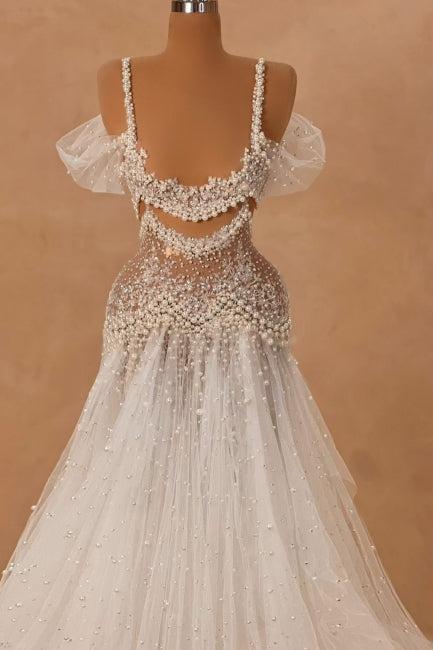 White Wedding Dress A Line Off The Shoulder Spaghetti Strap Beaded Lace Tulle Bridal Gown With Pearls
