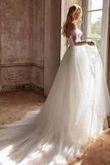 White Wedding Dress A Line Off The Shoulder Tulle Rhinestones Pearls Bridal Gown