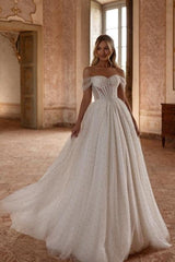 White Wedding Dress A Line Off The Shoulder Tulle Rhinestones Pearls Bridal Gown