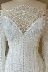 White Wedding Dress A Line Sleeves Beaded Lace Capel Train Bridal Gown