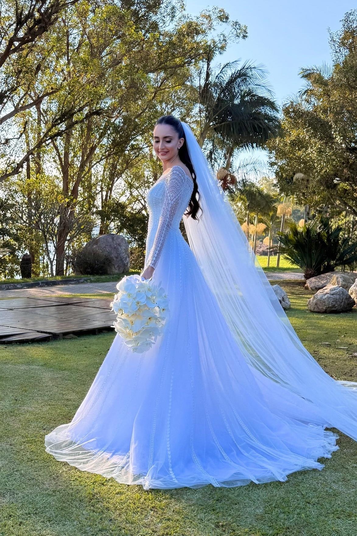 White Wedding Dress A Line Sleeves Beaded Lace Capel Train Bridal Gown