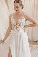 White Wedding Dress A Line Spaghetti Strap V Neck Sleeveless Chiffon Split Front Bridal Gown With Appliques