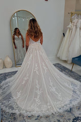 White Wedding Dress A Line Spaghetti Straps V Neck Lace Chapel Train Lace Bridal Gown With Appliques