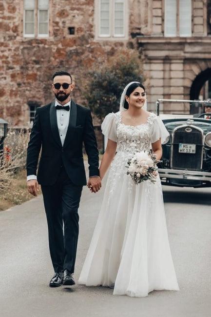 White Wedding Dress A Line Square Neck Tulle Lace Bridal Gown With Short Sleeves