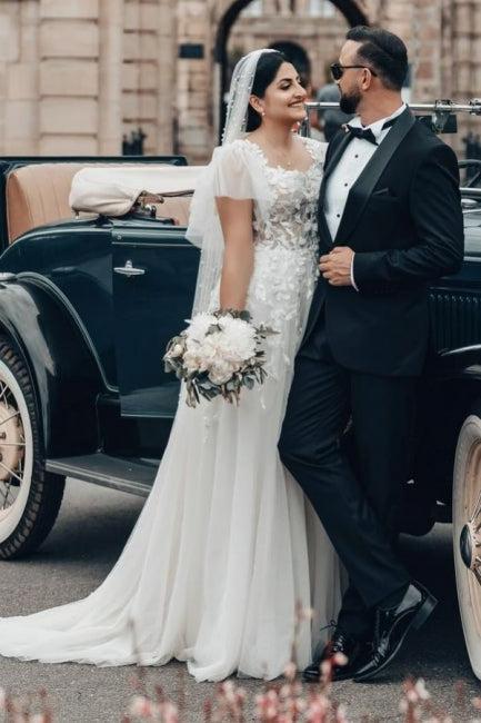 White Wedding Dress A Line Square Neck Tulle Lace Bridal Gown With Short Sleeves