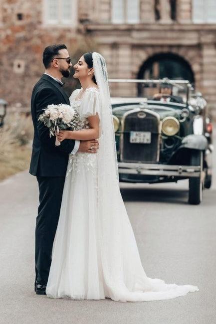 White Wedding Dress A Line Square Neck Tulle Lace Bridal Gown With Short Sleeves