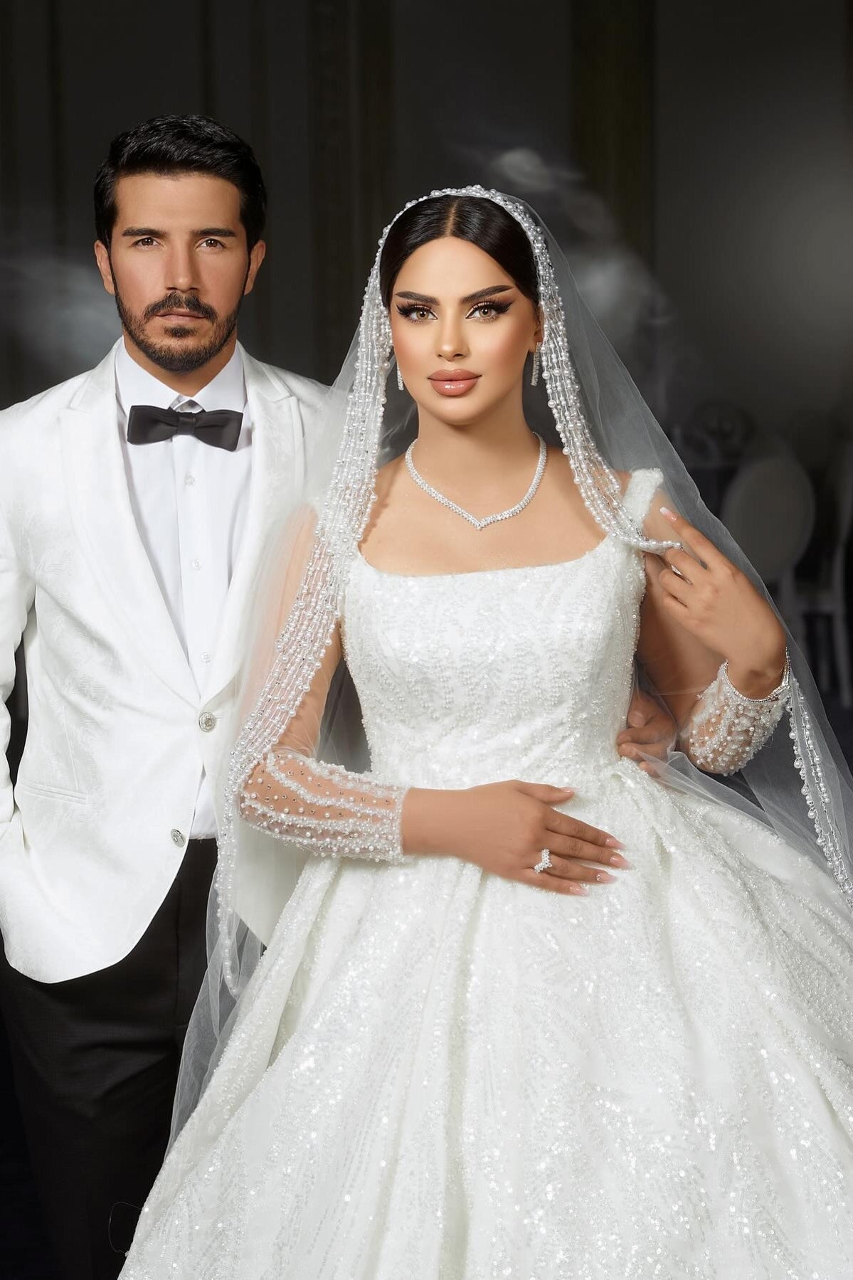 White Wedding Dress A Line Square Spaghetti Strap Beaded Illusion Sleeves Sequined Ball Gown Long Satin Bridal Gown With Ruffles