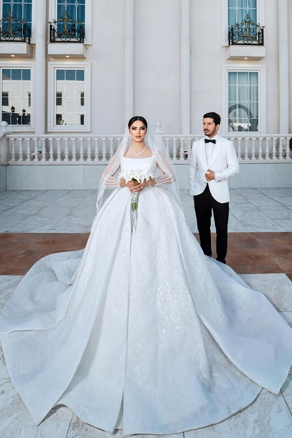 White Wedding Dress A Line Square Spaghetti Strap Beaded Illusion Sleeves Sequined Ball Gown Long Satin Bridal Gown With Ruffles
