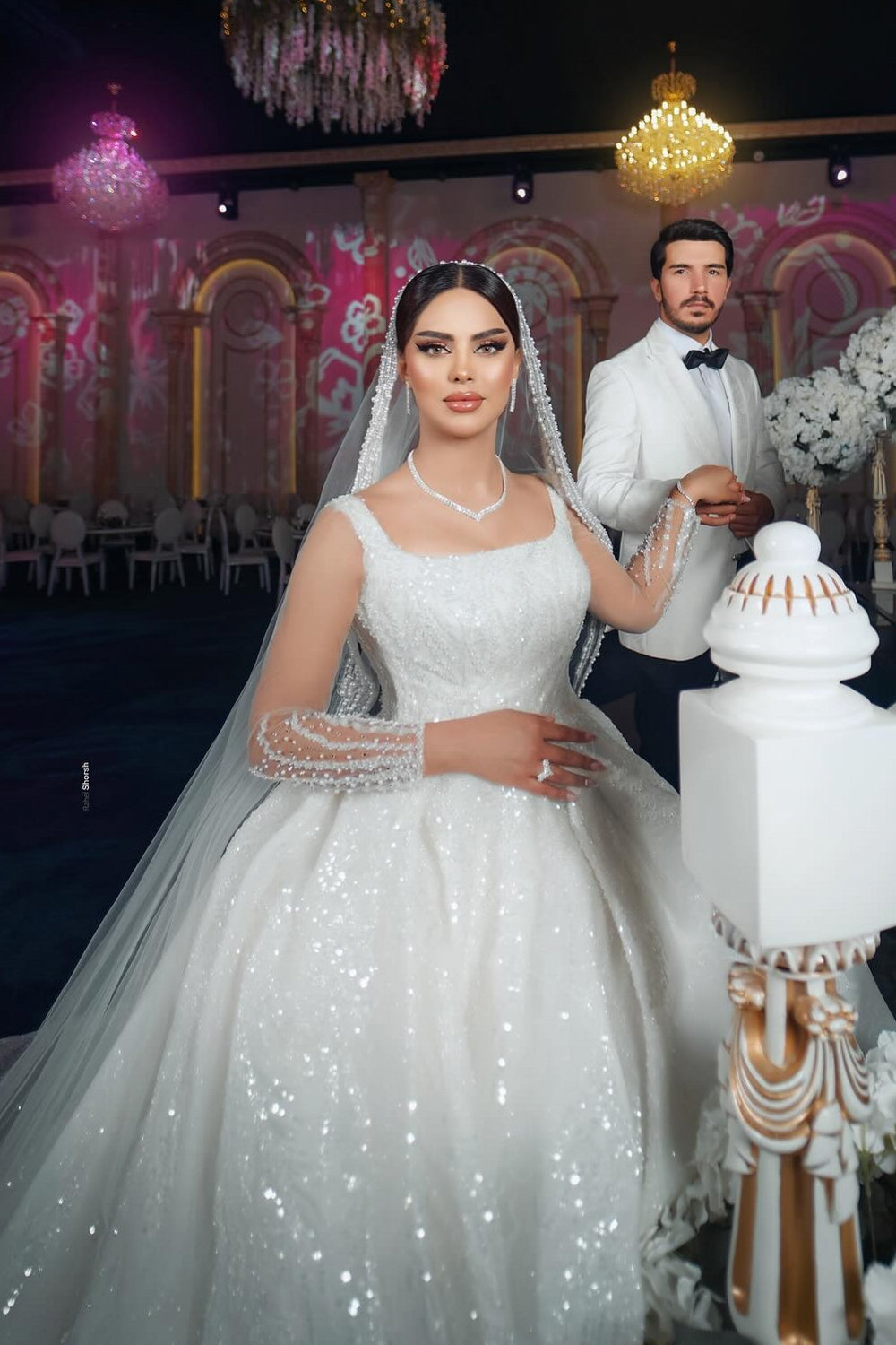 White Wedding Dress A Line Square Spaghetti Strap Sequined Ball Gown Satin Bridal Gown With Ruffles