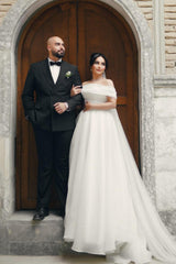 White Wedding Dress A Line Strapless Off The Shoulder Sleeveless Chiffon Bridal Gown With Ruffles