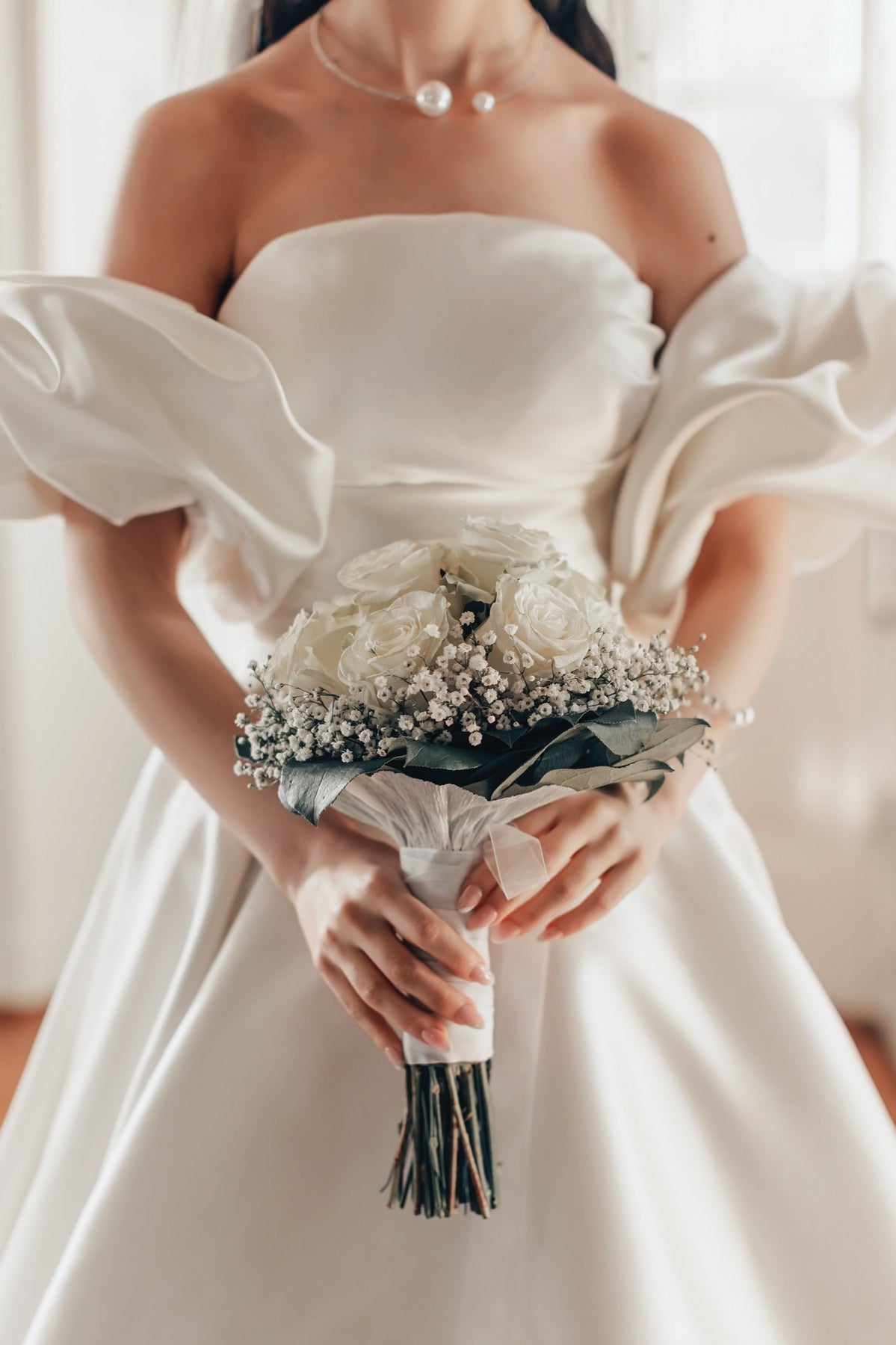 White Wedding Dress A Line Strapless Sleeveless Sweep Train Satin Bridal Gown